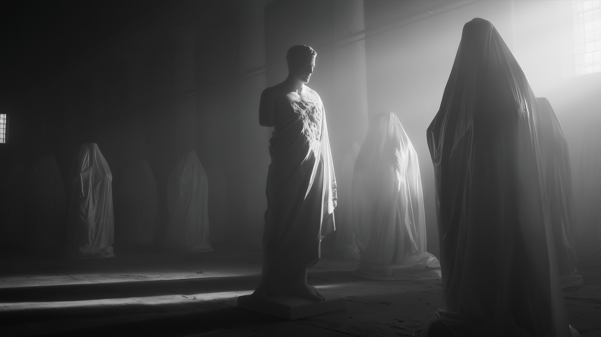 One unwrapped plaster cast of a classical statue standing among identical shrouded ones in a hazy hall