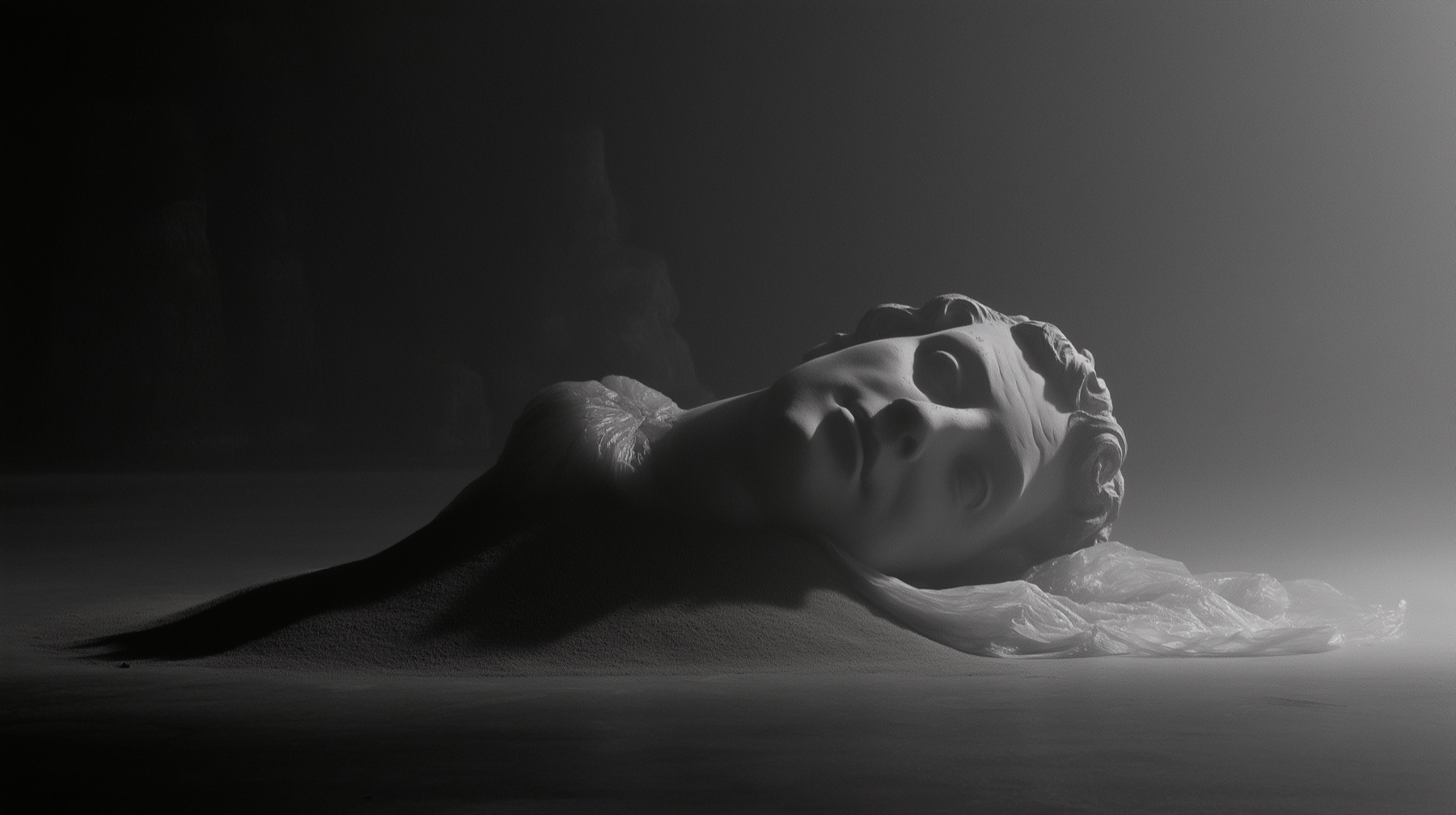 A plaster head lying in a drift of its own dust, the wrapping torn open beside it