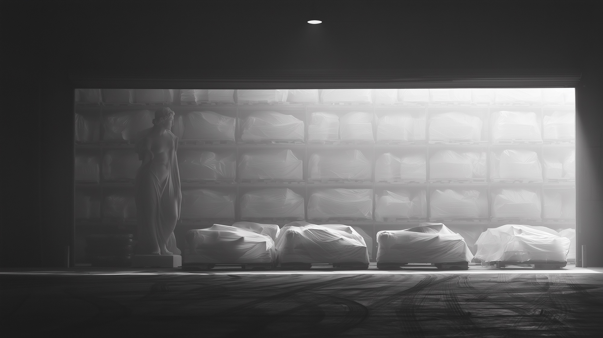 Identical plaster casts shrink-wrapped on pallet racking in a concrete warehouse