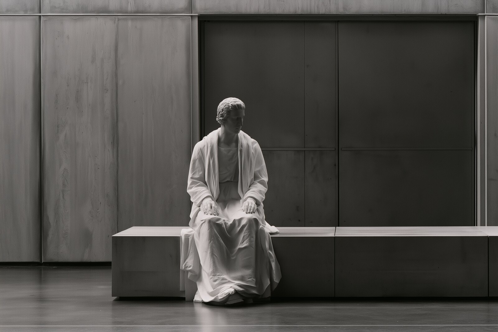 A marble figure seated still on a concrete bench, hands on its knees, facing a closed steel door