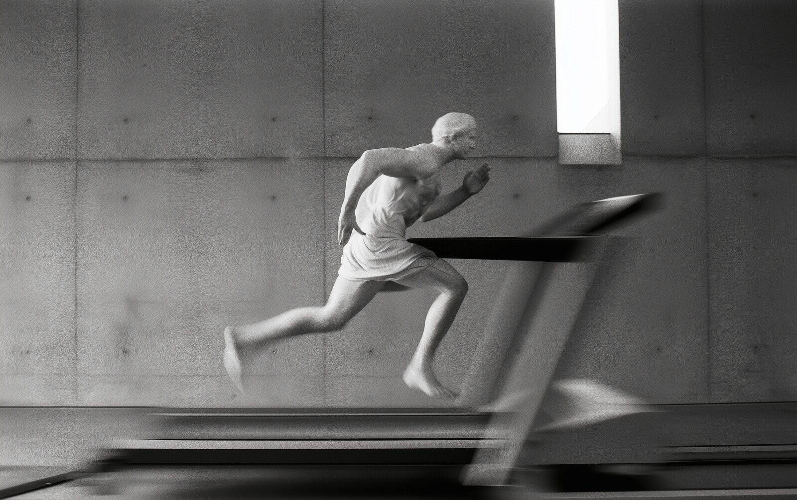 A marble runner mid-stride on a treadmill in a concrete hall, the belt blurred, the stone sharp