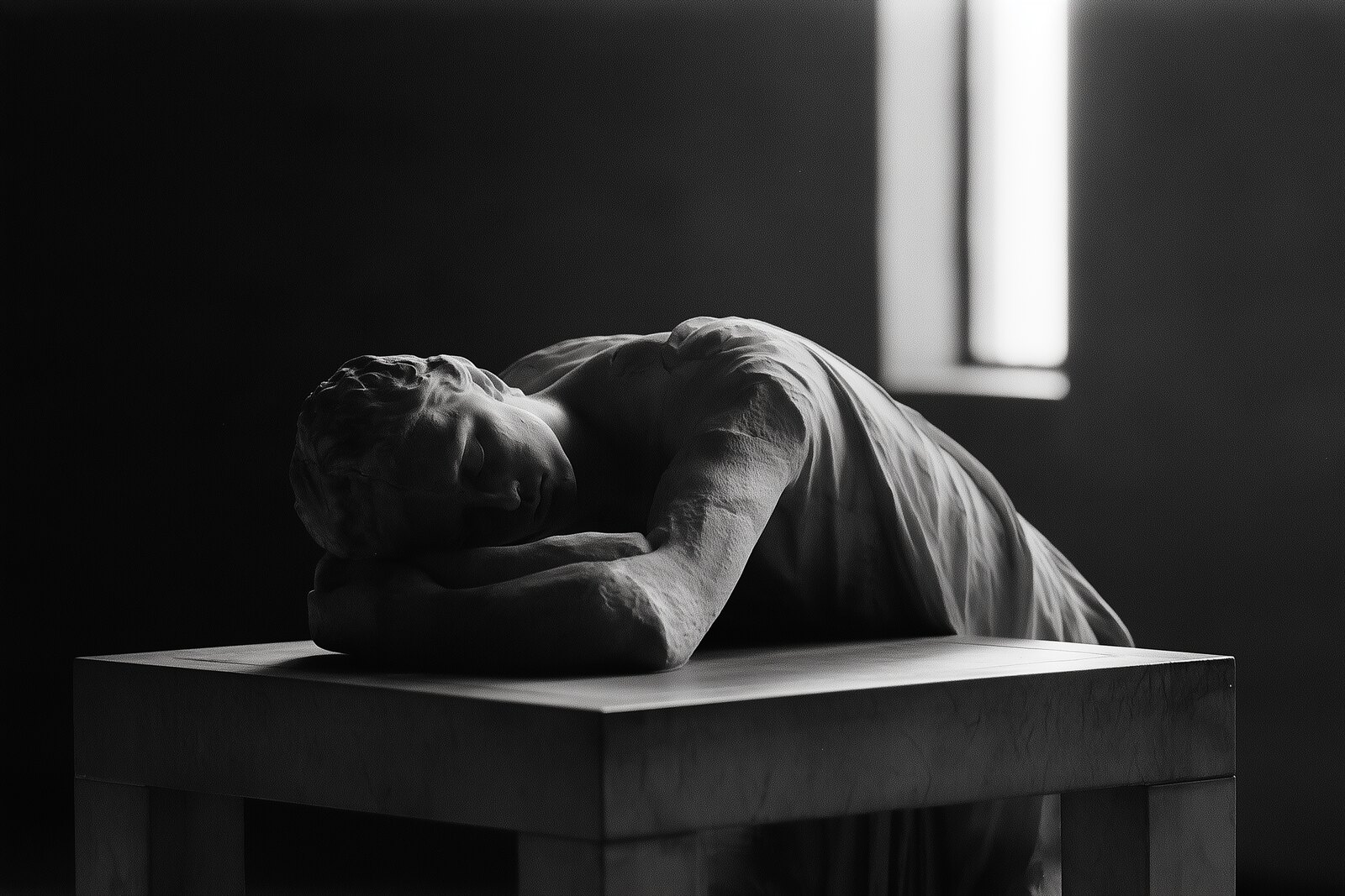 A marble figure asleep over a plain table in a dark room, first daylight from a narrow window