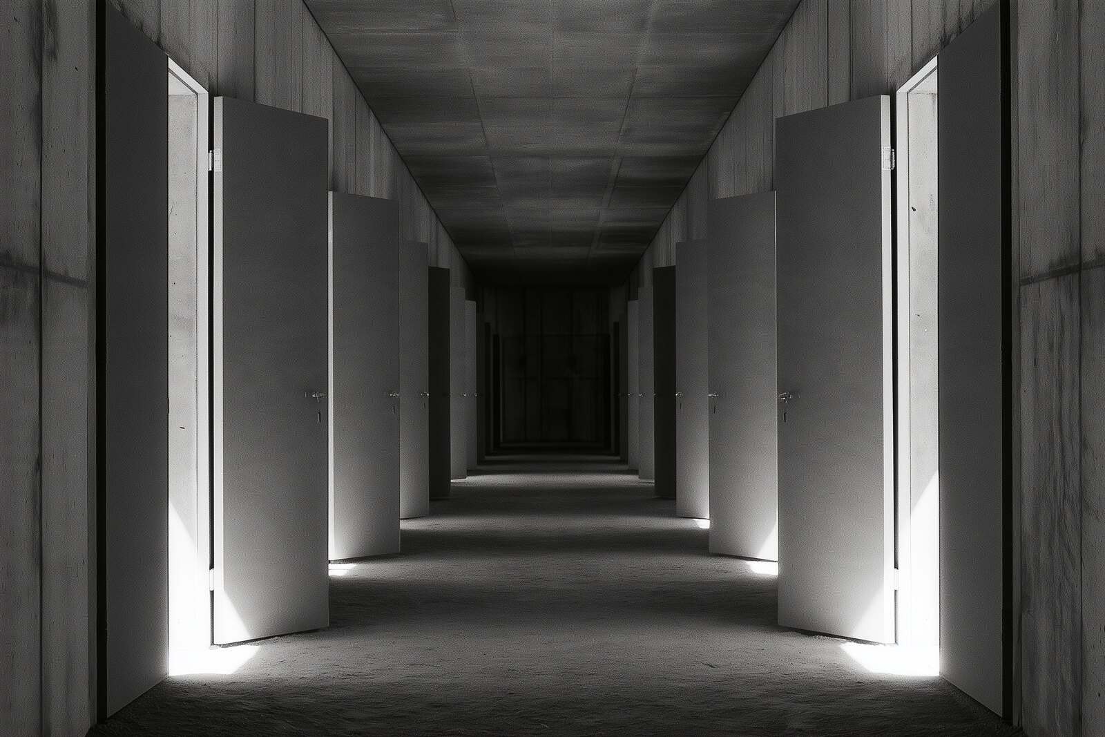 A long concrete corridor lined with heavy doors, every one standing open, daylight spilling from each
