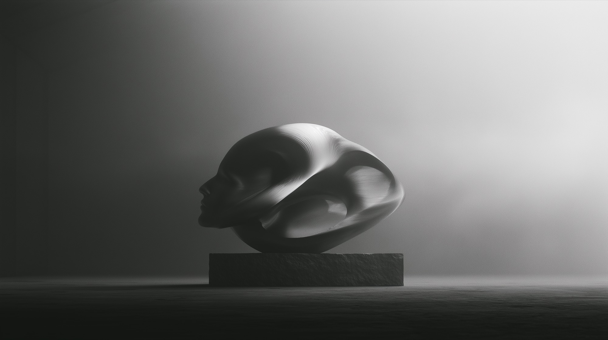 A sculpture milled from the contours of a human scan, alone on a stone plinth